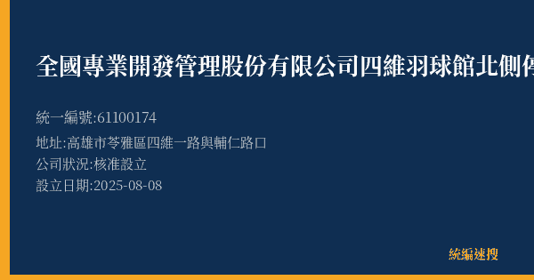 全國專業開發管理股份有限公司四維羽球館北側停車場的照片-統編 61100174(高雄市) 公司登記資料與營業項目詳細圖表