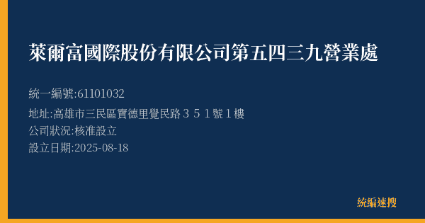 萊爾富國際股份有限公司第五四三九營業處的照片-統編 61101032(高雄市) 公司登記資料與營業項目詳細圖表