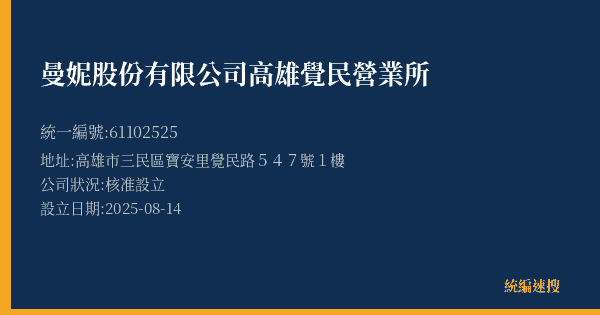 曼妮股份有限公司高雄覺民營業所的照片-統編 61102525(高雄市) 公司登記資料與營業項目詳細圖表