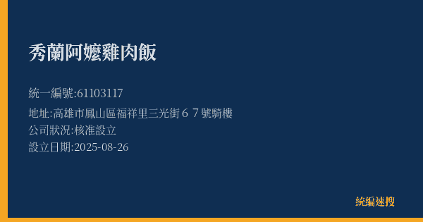 秀蘭阿嬤雞肉飯的照片-統編 61103117(高雄市) 公司登記資料與營業項目詳細圖表