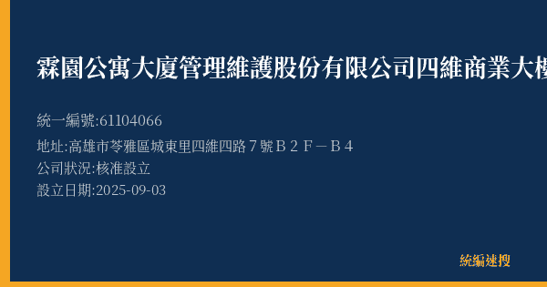 霖園公寓大廈管理維護股份有限公司四維商業大樓停車場的照片-統編 61104066(高雄市) 公司登記資料與營業項目詳細圖表