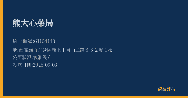 熊大心藥局的照片-統編 61104143(高雄市) 公司登記資料與營業項目詳細圖表