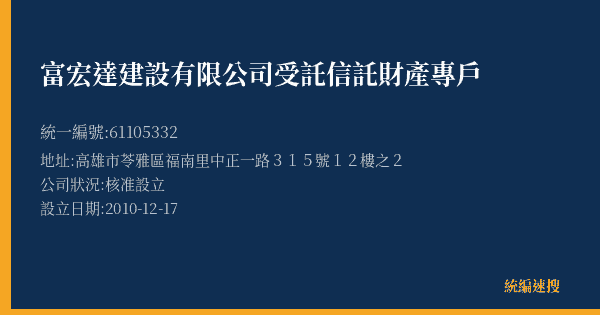 富宏達建設有限公司受託信託財產專戶的照片-統編 61105332 公司登記資料與營業項目詳細圖表