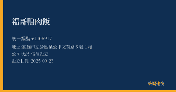 福哥鴨肉飯的照片-統編 61106917(高雄市) 公司登記資料與營業項目詳細圖表