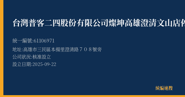 台灣普客二四股份有限公司燦坤高雄澄清文山店停車場的照片-統編 61106971(高雄市) 公司登記資料與營業項目詳細圖表