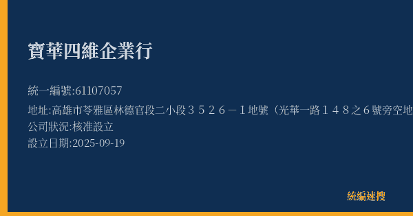 寶華四維企業行的照片-統編 61107057(高雄市) 公司登記資料與營業項目詳細圖表