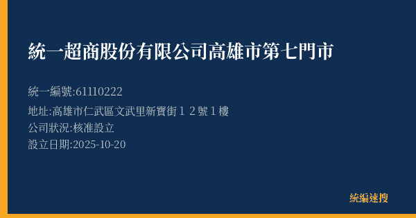 統一超商股份有限公司高雄市第七門市的照片-統編 61110222(高雄市) 公司登記資料與營業項目詳細圖表