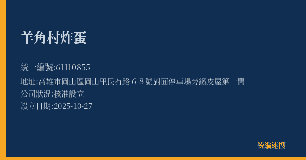 羊角村炸蛋的照片-統編 61110855(高雄市) 公司登記資料與營業項目詳細圖表