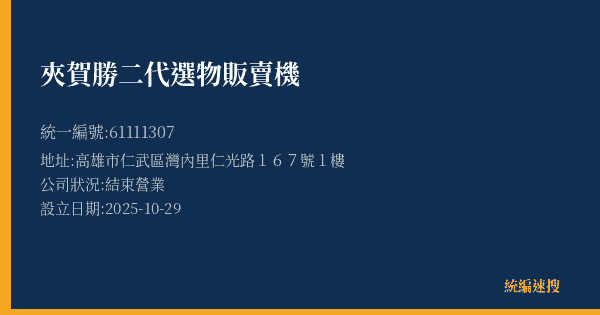 夾賀勝二代選物販賣機的照片-統編 61111307(高雄市) 公司登記資料與營業項目詳細圖表