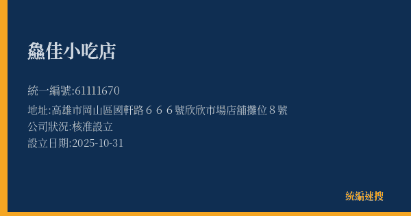 鱻佳小吃店的照片-統編 61111670(高雄市) 公司登記資料與營業項目詳細圖表