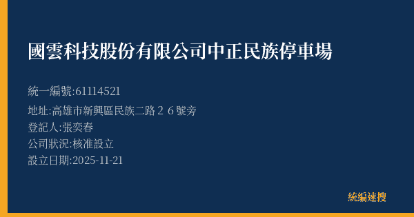 國雲科技股份有限公司中正民族停車場的照片-統編 61114521(高雄市) 公司登記資料與營業項目詳細圖表