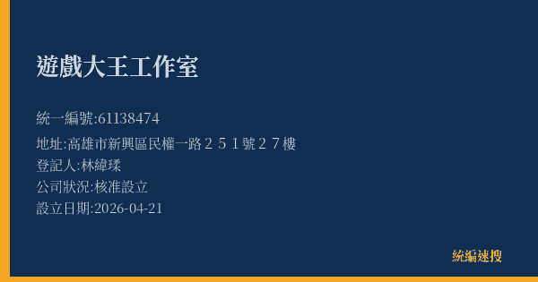 遊戲大王工作室的照片-統編 61138474 公司登記資料與營業項目詳細圖表