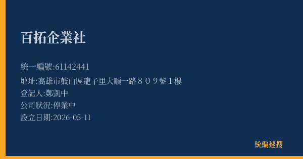 百拓企業社的照片-統編 61142441(高雄市) 公司登記資料與營業項目詳細圖表