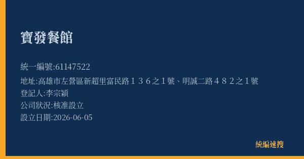 寶發餐館的照片-統編 61147522(高雄市) 公司登記資料與營業項目詳細圖表