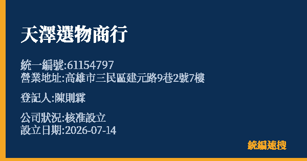 天澤選物商行的照片-統編 61154797 公司登記資料與營業項目詳細圖表