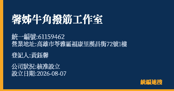 馨姊牛角撥筋工作室的照片-統編 61159462 公司登記資料與營業項目詳細圖表