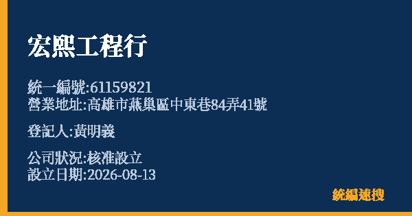 宏熙工程行的照片-統編 61159821(高雄市) 公司登記資料與營業項目詳細圖表