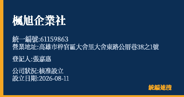 楓旭企業社的照片-統編 61159863(高雄市) 公司登記資料與營業項目詳細圖表