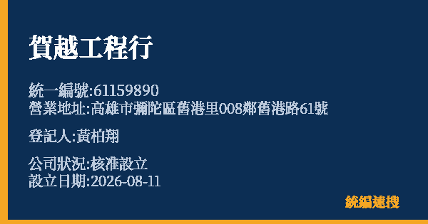 賀越工程行的照片-統編 61159890(高雄市) 公司登記資料與營業項目詳細圖表