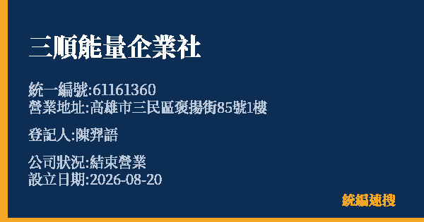 三順能量企業社的照片-統編 61161360 公司登記資料與營業項目詳細圖表