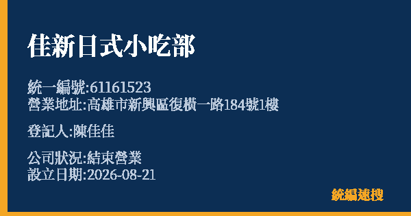 佳新日式小吃部的照片-統編 61161523 公司登記資料與營業項目詳細圖表