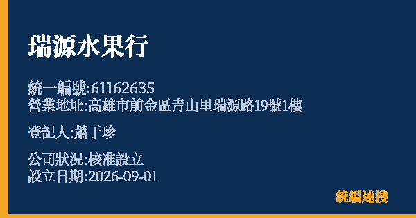 瑞源水果行的照片-統編 61162635(高雄市) 公司登記資料與營業項目詳細圖表