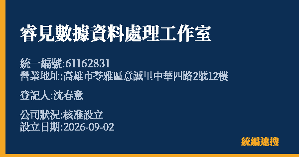 睿見數據資料處理工作室的照片-統編 61162831(高雄市) 公司登記資料與營業項目詳細圖表