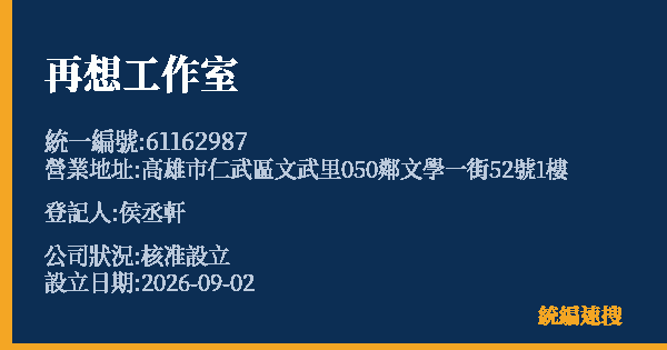 再想工作室的照片-統編 61162987(高雄市) 公司登記資料與營業項目詳細圖表