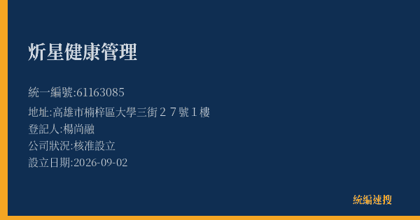 炘星健康管理的照片-統編 61163085(高雄市) 公司登記資料與營業項目詳細圖表