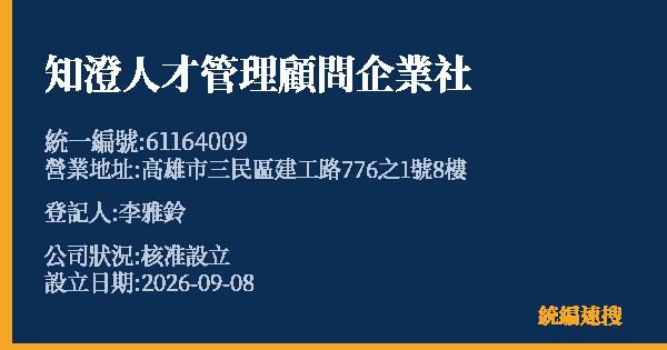 知澄人才管理顧問企業社的照片-統編 61164009(高雄市) 公司登記資料與營業項目詳細圖表