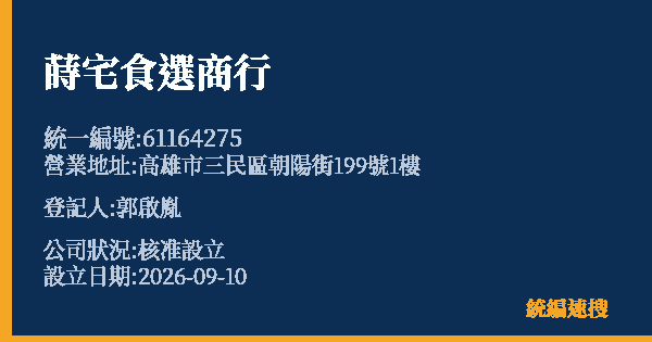 蒔宅食選商行的照片-統編 61164275(高雄市) 公司登記資料與營業項目詳細圖表