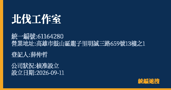 北伐工作室的照片-統編 61164280(高雄市) 公司登記資料與營業項目詳細圖表