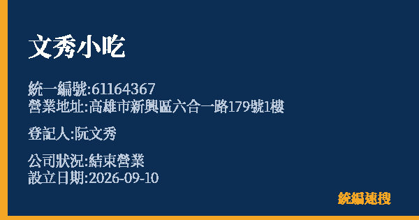文秀小吃的照片-統編 61164367(高雄市) 公司登記資料與營業項目詳細圖表