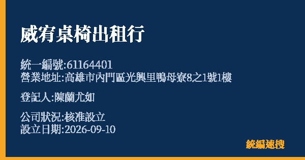威宥桌椅出租行的照片-統編 61164401(高雄市) 公司登記資料與營業項目詳細圖表