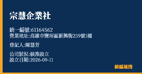 宗慧企業社的照片-統編 61164562(高雄市) 公司登記資料與營業項目詳細圖表