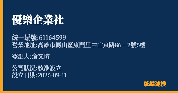 優樂企業社的照片-統編 61164599(高雄市) 公司登記資料與營業項目詳細圖表