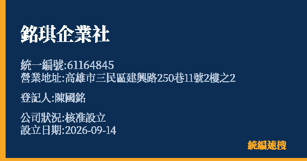 銘琪企業社的照片-統編 61164845(高雄市) 公司登記資料與營業項目詳細圖表