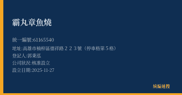 霸丸章魚燒的照片-統編 61165540(高雄市) 公司登記資料與營業項目詳細圖表