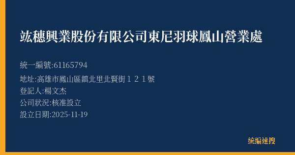 竑穗興業股份有限公司東尼羽球鳳山營業處的照片-統編 61165794(高雄市) 公司登記資料與營業項目詳細圖表