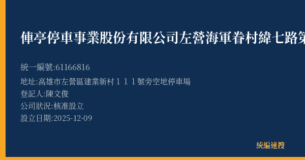 俥亭停車事業股份有限公司左營海軍眷村緯七路第二營業所的照片-統編 61166816(高雄市) 公司登記資料與營業項目詳細圖表