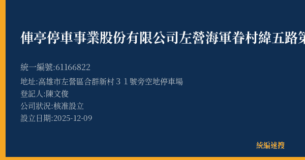 俥亭停車事業股份有限公司左營海軍眷村緯五路第一營業所的照片-統編 61166822(高雄市) 公司登記資料與營業項目詳細圖表