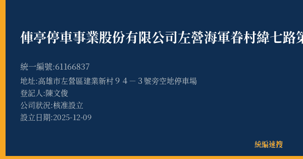 俥亭停車事業股份有限公司左營海軍眷村緯七路第一營業所的照片-統編 61166837(高雄市) 公司登記資料與營業項目詳細圖表