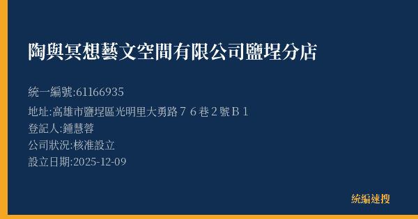 陶與冥想藝文空間有限公司鹽埕分店的照片-統編 61166935(高雄市) 公司登記資料與營業項目詳細圖表