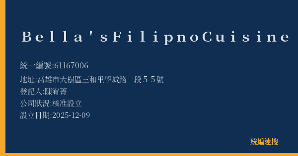 Bella's Filipno Cuisine的照片-統編 61167006(高雄市) 公司登記資料與營業項目詳細圖表