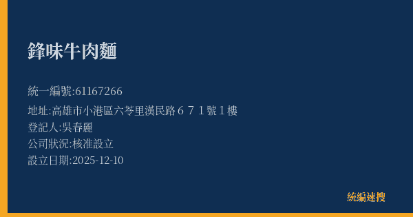 鋒味牛肉麵的照片-統編 61167266(高雄市) 公司登記資料與營業項目詳細圖表