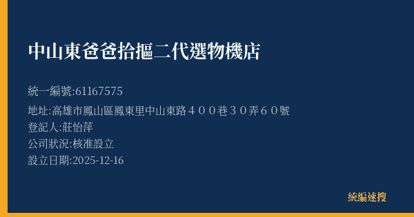 中山東爸爸拾摳二代選物機店的照片-統編 61167575(高雄市) 公司登記資料與營業項目詳細圖表