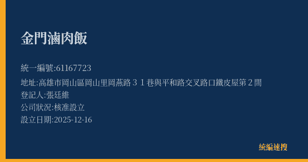 金門滷肉飯的照片-統編 61167723(高雄市) 公司登記資料與營業項目詳細圖表