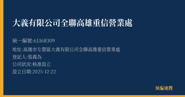 大義有限公司全聯高雄重信營業處的照片-統編 61168309(高雄市) 公司登記資料與營業項目詳細圖表