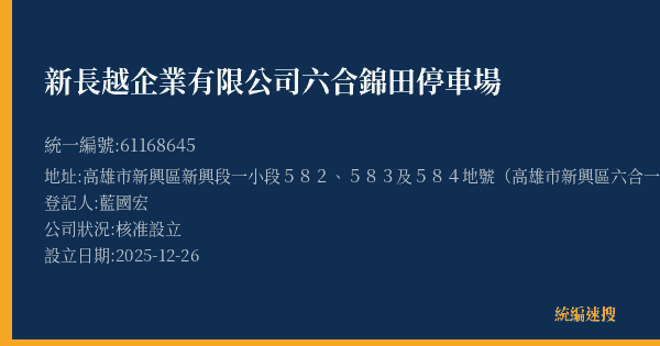 新長越企業有限公司六合錦田停車場的照片-統編 61168645(高雄市) 公司登記資料與營業項目詳細圖表