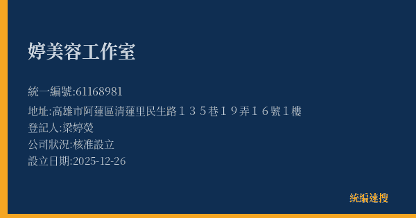 婷美容工作室的照片-統編 61168981(高雄市) 公司登記資料與營業項目詳細圖表